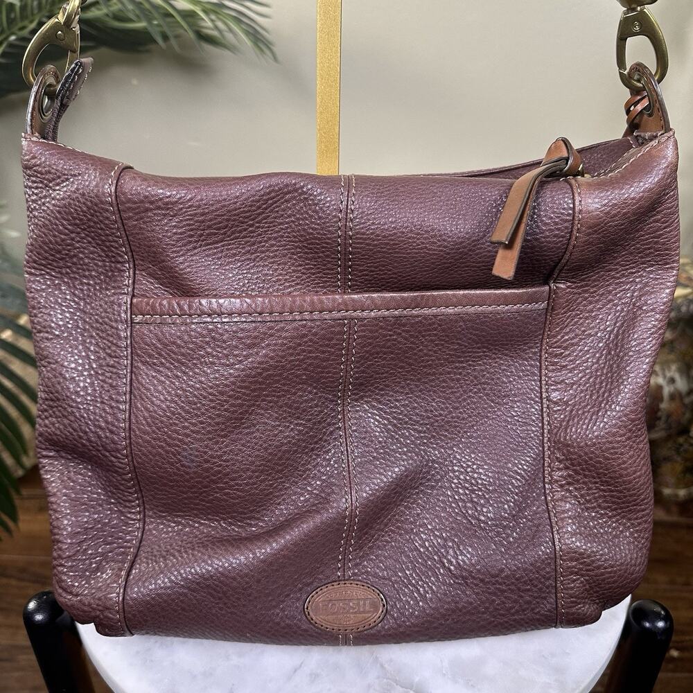 Fossil Morgan Traveler Crossbody Shoulder Pebbled Leather Cognac Brown Brass - Picture 8 of 13